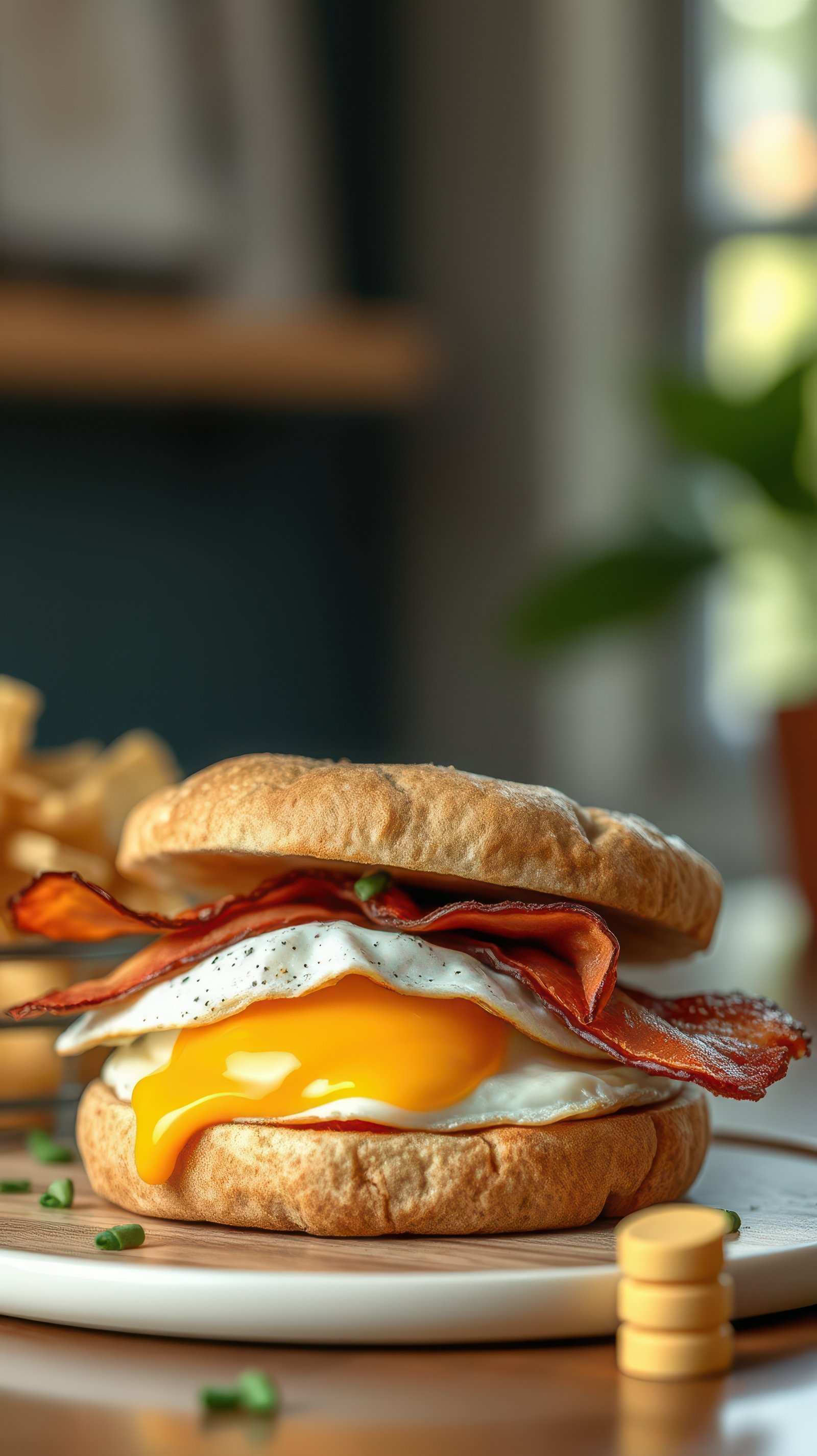 Delicious breakfast sandwich with crispy bacon and sunny side up egg served with crispy potatoes in a cozy setting